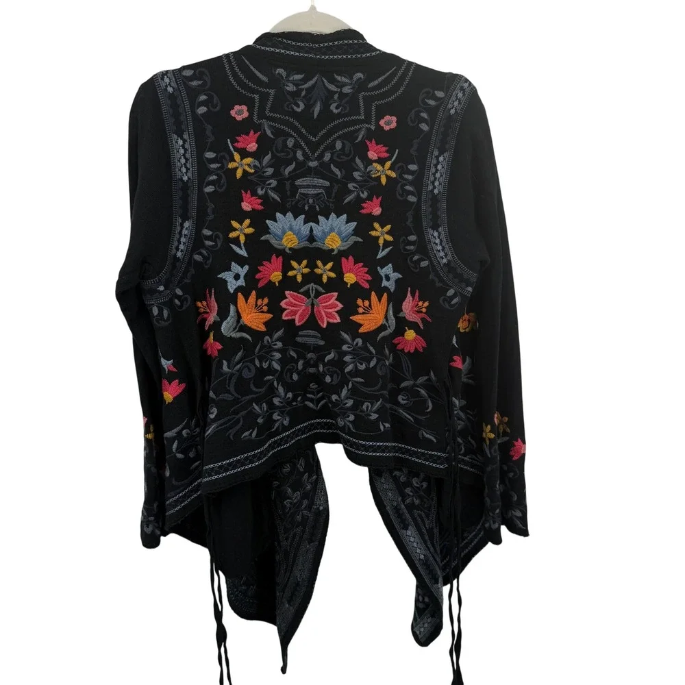 Johnny Was Biya Cardigan Womens S Black Embroidered Draped Open Front B50918-3 - Picture 2 of 4